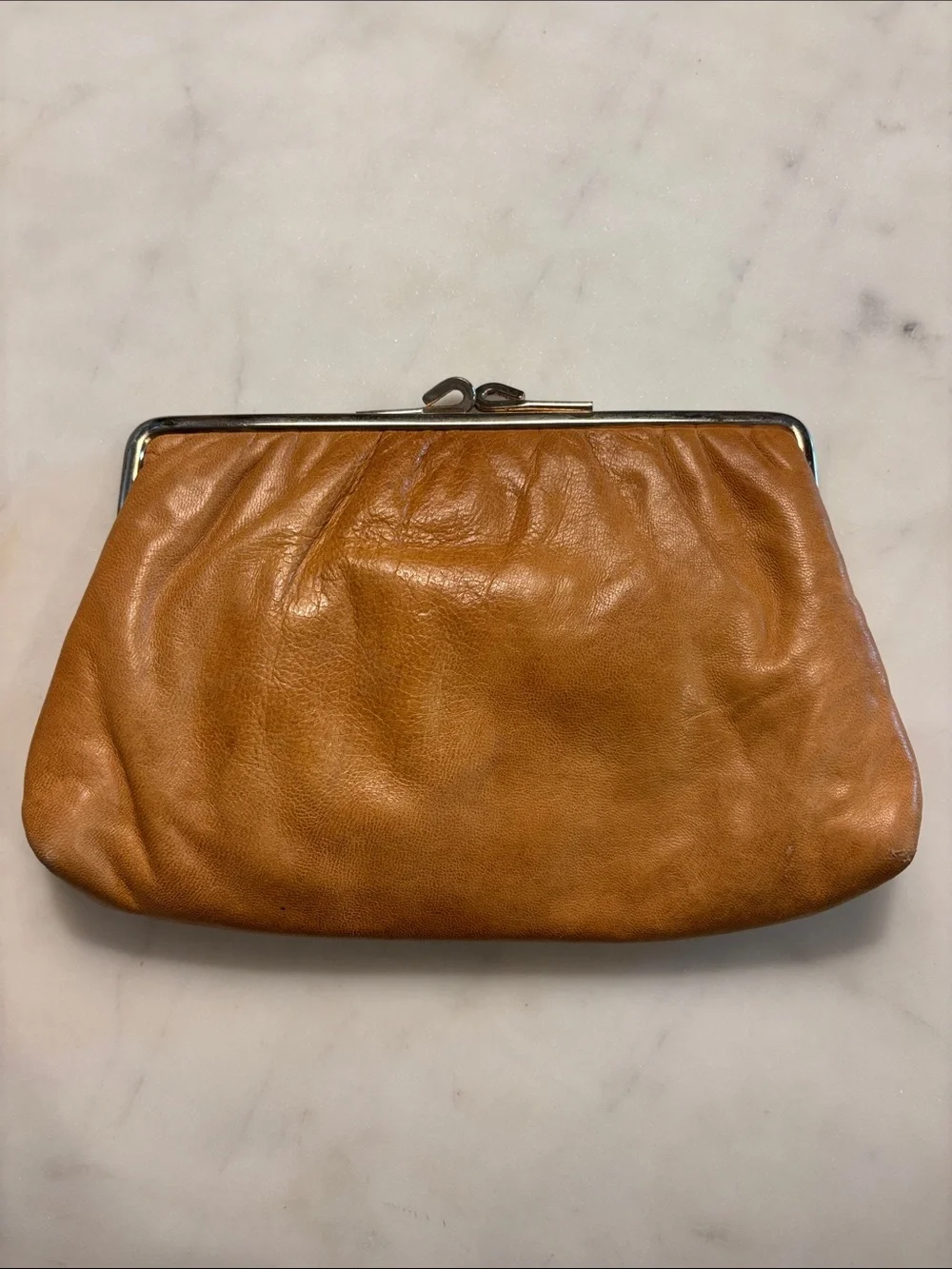 VINTAGE SABRINA Caramel Leather Pouch w/ Brass Snap Closure Lined Make Up Pouch
